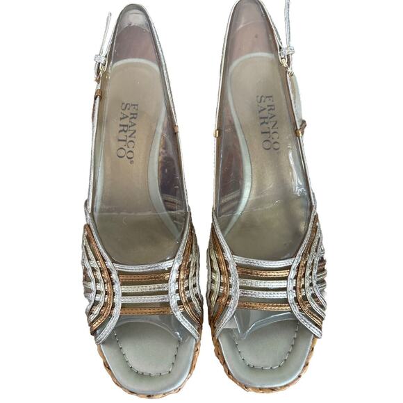 Franco Sarto Wedge Sandals sz 6 m Patent Leather Metallica party Y2K Mint NWOT - Picture 1 of 8